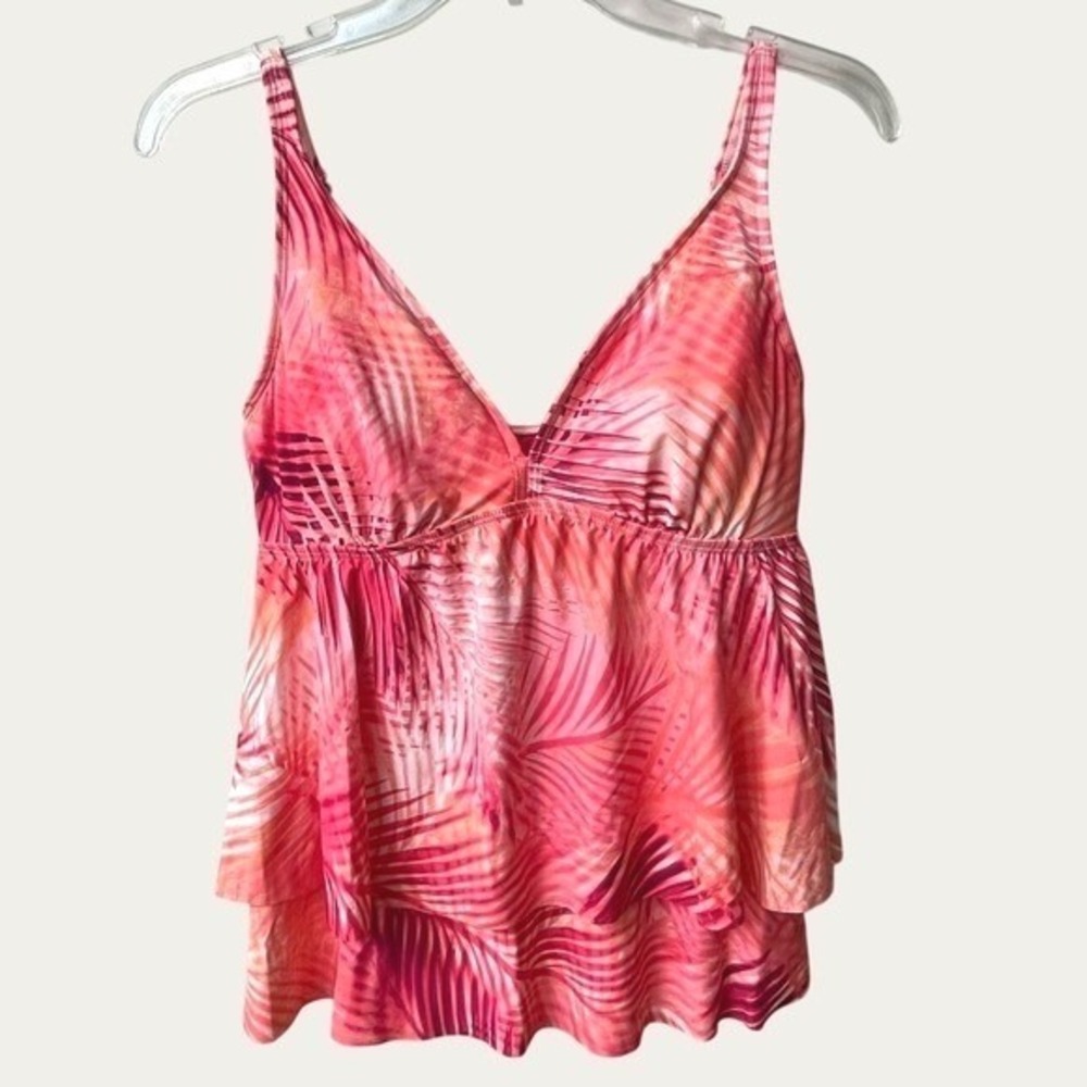 Beach House Pink Coral Palm Print Tiered Ruffle Tankini Swim Top Womens 10